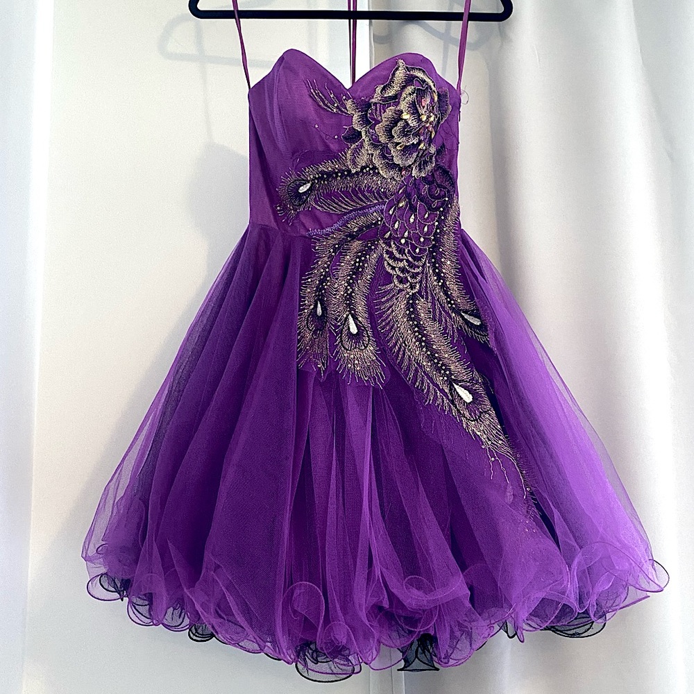Unique Purple Peacock Mini Strapless Dress l Size XS